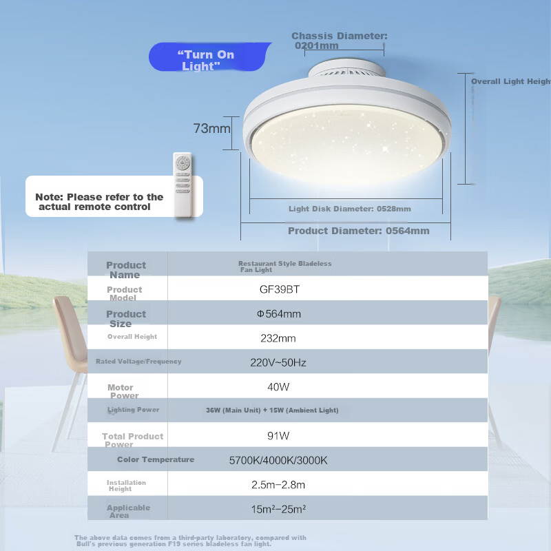 BULL All-Inclusive Price Bladeless Fan Light Integrated Ceiling Light GF39BT Ceiling Fan Light Dining Room 91W Offline Voice Control