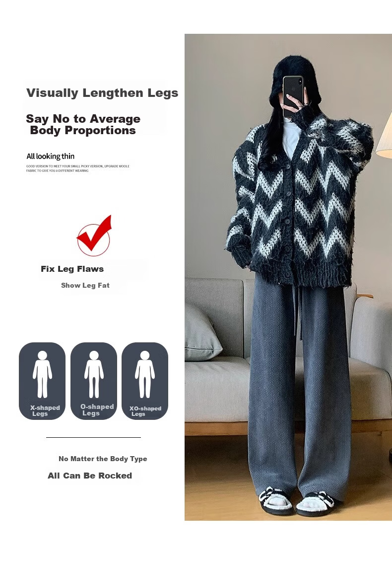 Langsha Women's Herringbone Wide-Leg Pants Spring Autumn New High-Waist Draped Straight-Leg Slim Chenille Knit Casual Trousers Trendy 14