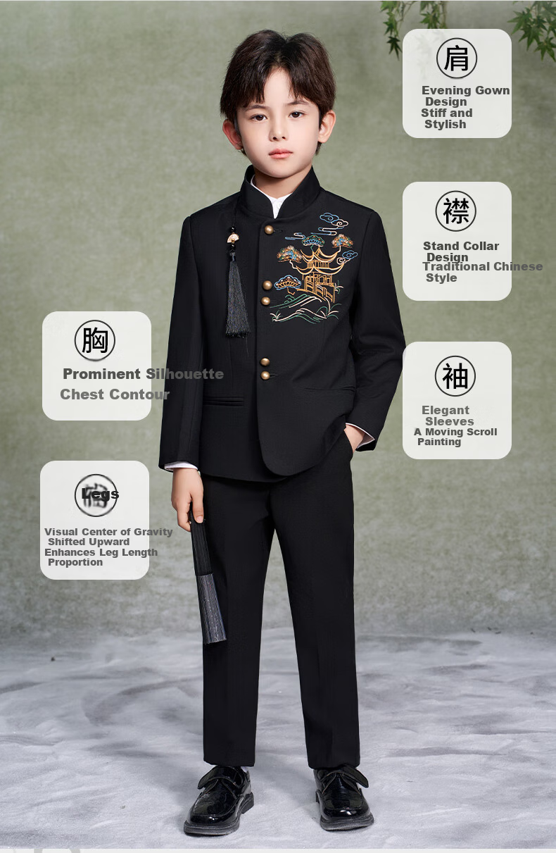 Romon Boys New Chinese Style Suit Jacket Tang Suit China Style Zhongshan Suit Children's Suit Performance Outfit Black 150 6