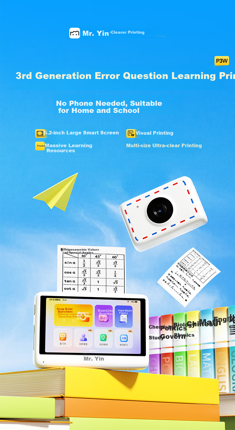 MR.IN 3-Inch Gray Scale Ultra HD Error Correction Printer No Smartphone Required for Middle And High School Students Instant Printing Home Use Error Correction Large Screen Photo-Taking Learning Printer P3W 4