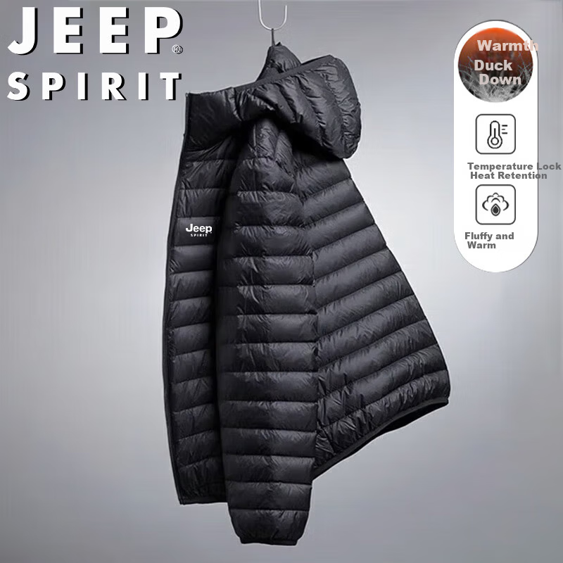 JEEP SPIRIT Men's Lightweight Down Jacket Autumn Winter Hooded Trendy Breathable Warm Couple Black 5XL