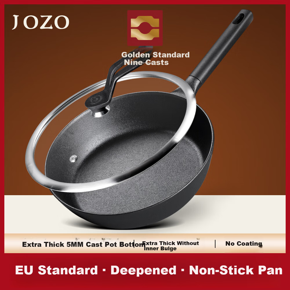 Jiu Zhu Gold Label 26cm Deep Frying Pan Cast Iron Skillet Flat Bottom Non-Coated Non-Stick Gas Stove Induction Cooker Frying Pan