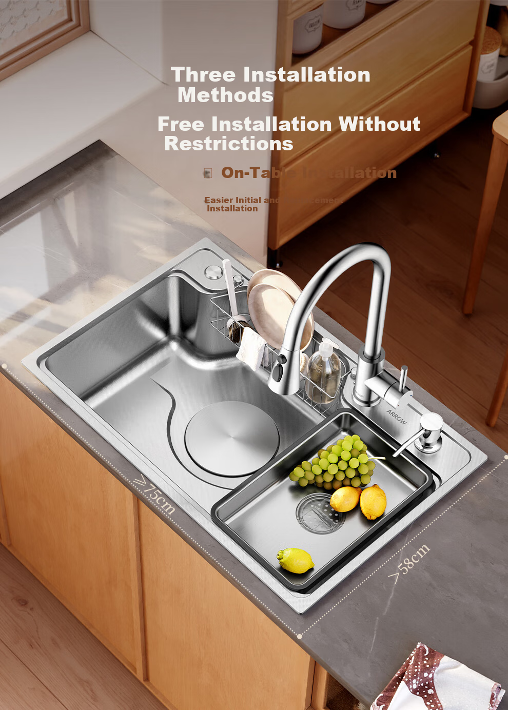 ARROW 304 Stainless Steel Sink, Large Single Basin, Japanese-Style Kitchen Sink for Washing Vegetables And Collecting Food Waste [New Subsidy of 15%] 40