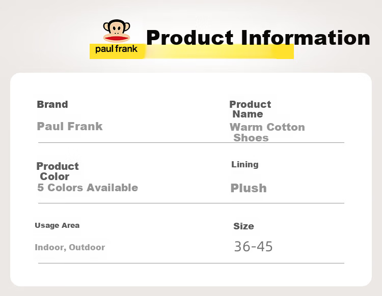 Paul Frank Cotton Slippers Unisex Autumn Winter Indoor Home Warm Plush Thick Sole Non-slip Couple Slippers White Size 38-39 2