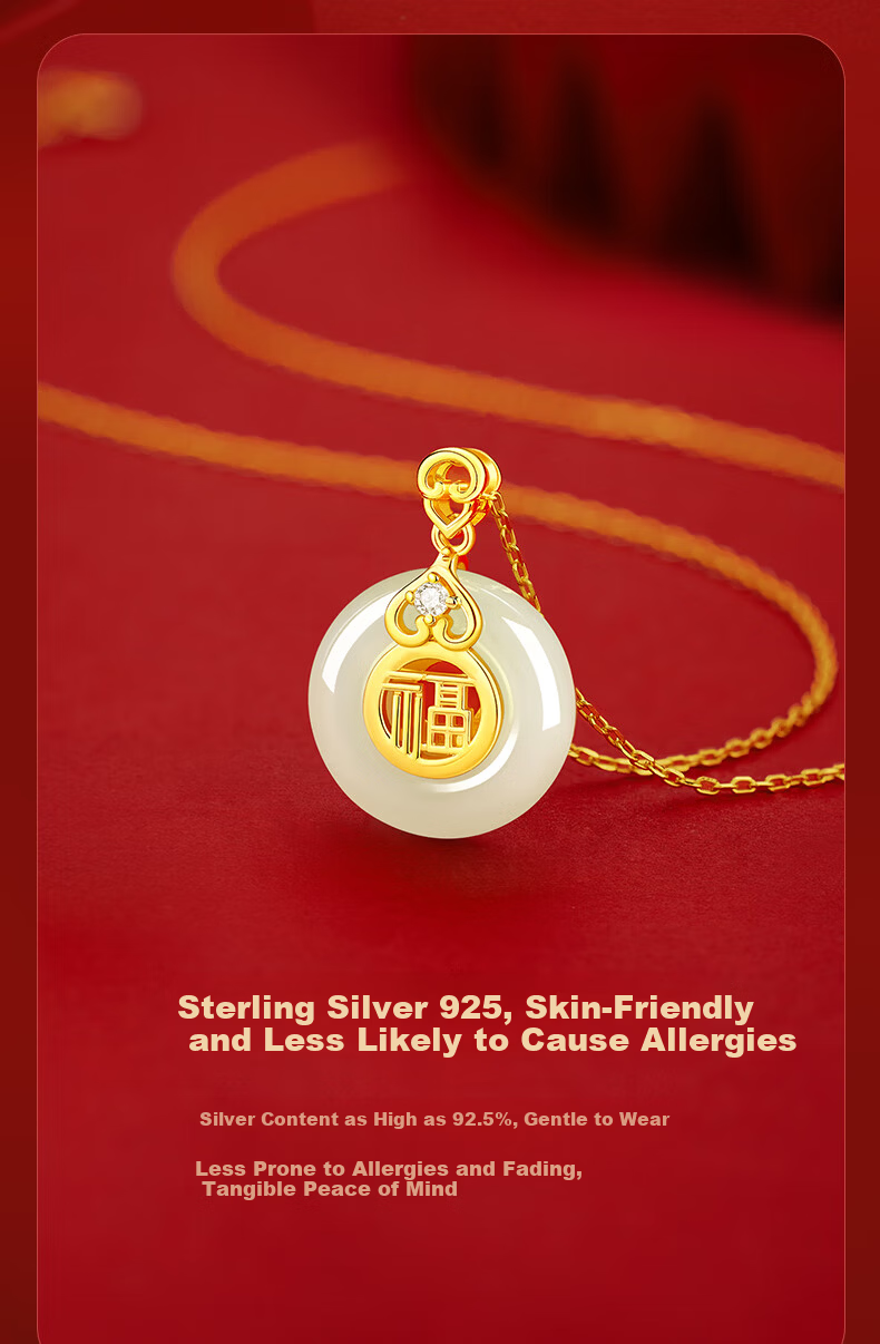 GLTEN Peace Buckle Silver Necklace Women's Hetian Jade Pendant Birthday Gift Lightweight Luxury Niche for Girlfriend Wife Mom 5