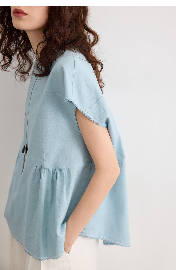 Demana [with Flax Cloud Cotton] Summer Simple Style Round Neck Covered Sleeve Lace Lightweight Loose Slim Shirt for Women Premium 15