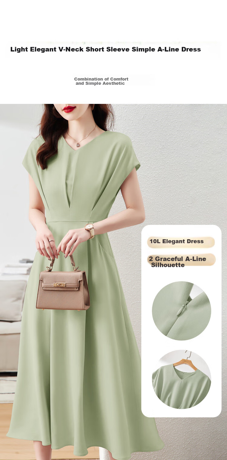 DME A-Line Skirt Summer Commuter V-Neck Short Sleeve Simple Mid-Length Dress for Women 1