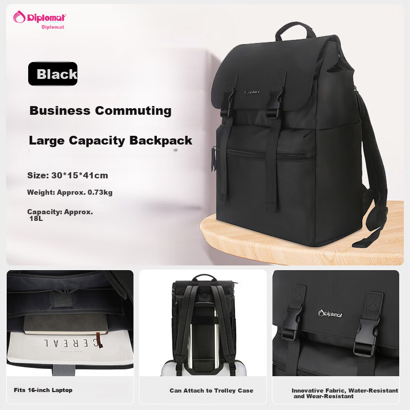 Diplomat Fashion Casual Backpack Business Large Capacity Laptop Bag DB-2713L Black