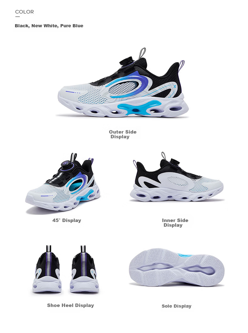 XTEP Children's Shoes for Boys, Hollow Frame Breathable Rotating Buckle Running Shoes for Older Kids, Black/new White/pure Blue, Size 33 7