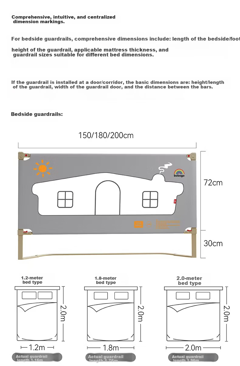 BOBOGO Baby Crib Bumper Guard Rail Baby Anti-Fall Protective Fence Bedside Panel Adjustable Three-Sided Bed Rail [1.8*2] 14