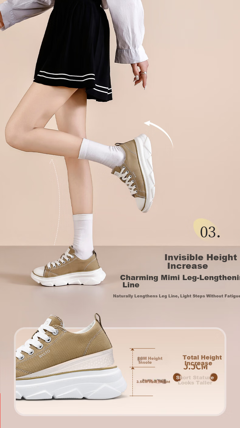 Basto Women's New Height-Increasing Canvas Shoes Breathable Lightweight Casual Sneakers S1193AM6 Black Size 38 6