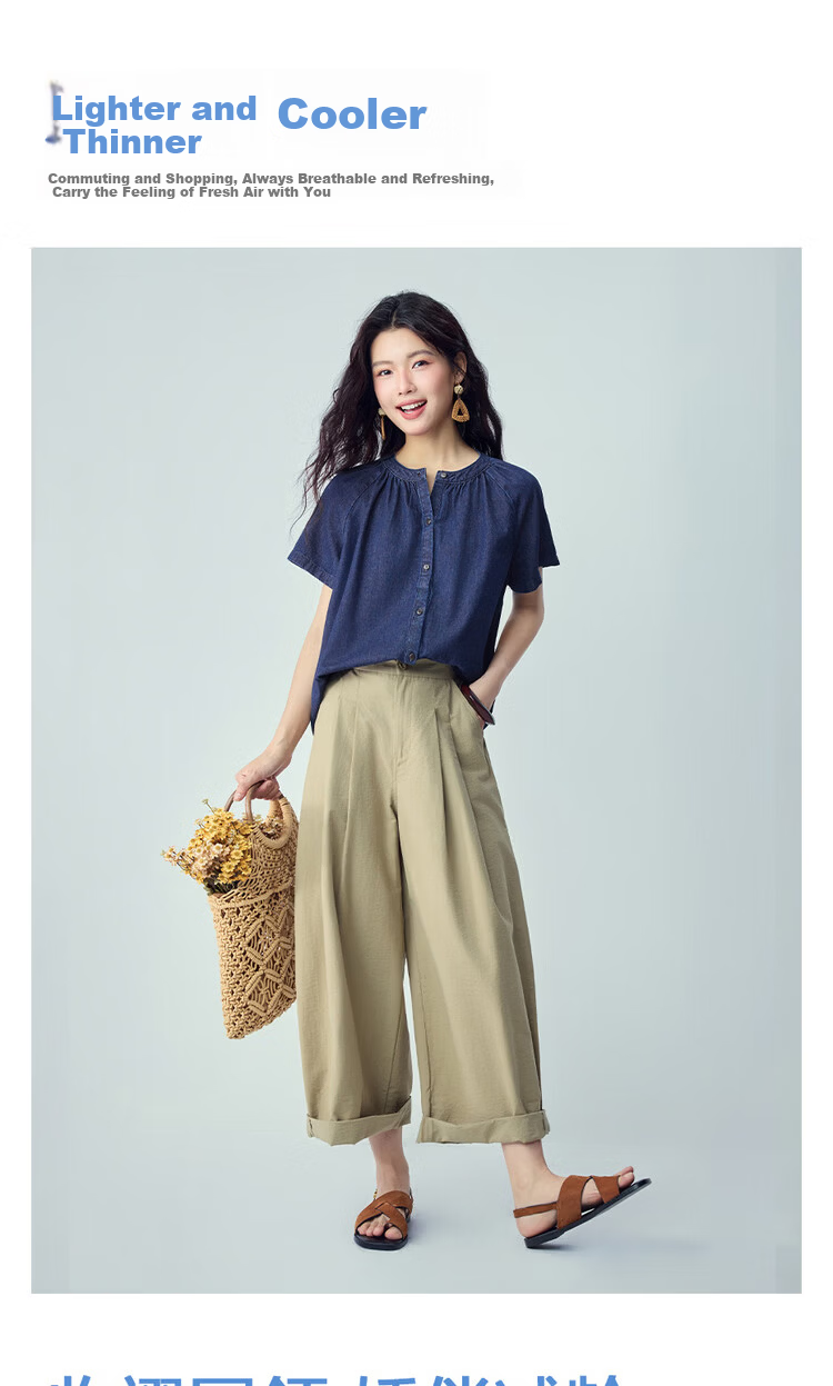Giordano Summer New Lightweight Pure Cotton Loose Pleated Round Neck Raglan Short Sleeve Denim Shirt for Women 13346224 5