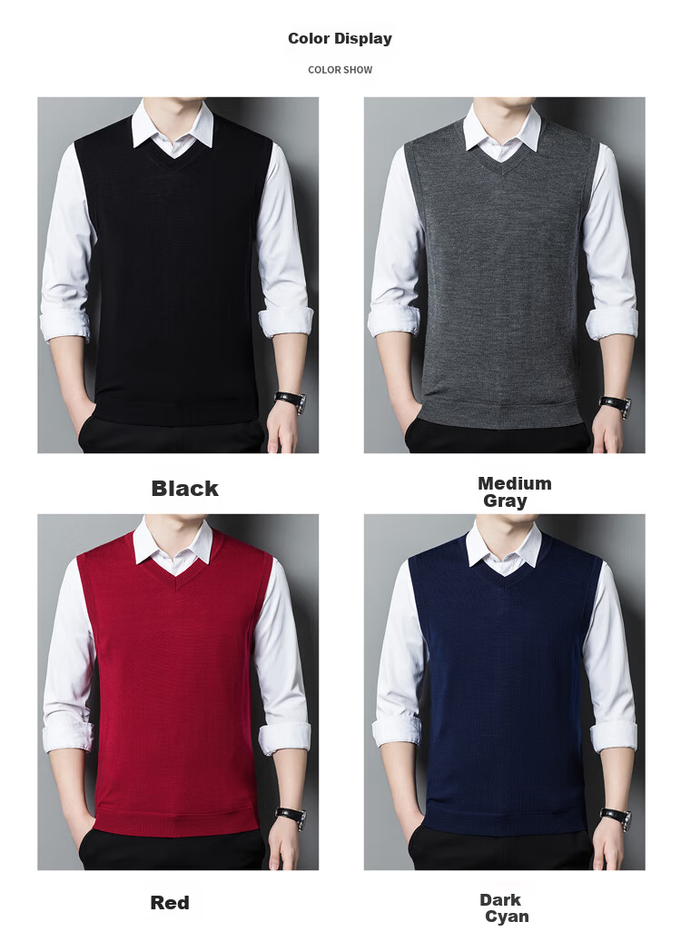 Hengyuanxiang Washable Pure Wool Vest for Men, V-Neck Waistcoat, Fine-Spun Wool Knitted Sleeveless Jacket, Black, Size 170 9