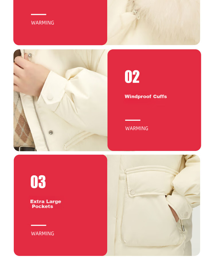SNOWFLYING Women's Mid-Length Hooded Down Jacket with Fashionable Large Fur Collar, Casual Versatile Thickened Warm Cold-Resistant Down Coat 15