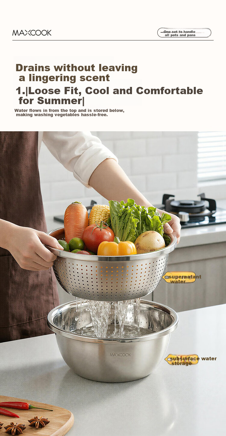 MAXCOOK 316L Stainless Steel Bowl and Sieve 3-Piece Set Thickened Seasoning Bowl, Vegetable Washing Bowl, Dough Mixing Bowl, Rice Sieve MCWA5653 5