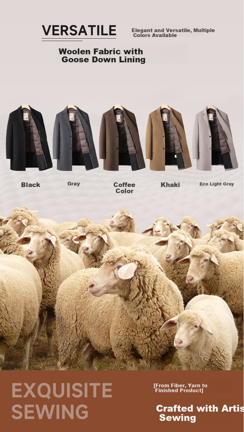 ROMON Men's Mid-Length Wool Cashmere Coat with Removable Goose Down Liner, Slim Fit, Autumn Winter 7