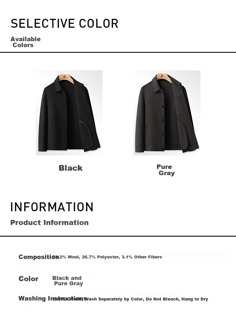 FIRS Men's Wool Double-Sided Woolen Jacket Spring Autumn Lapel Casual Warm Wool Coat Short Outerwear 7