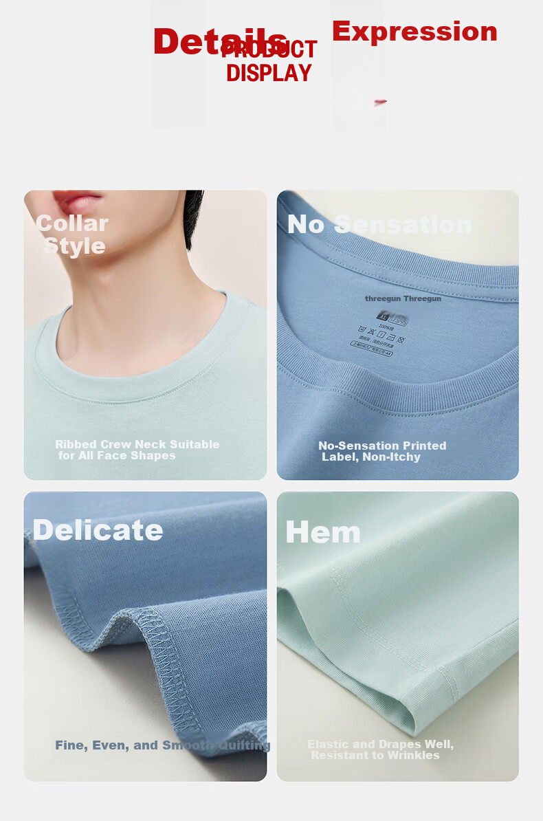 Threegun [Pure Cotton Breathable] Men's T-Shirt Round Neck Short Sleeve Casual Basic Top 11