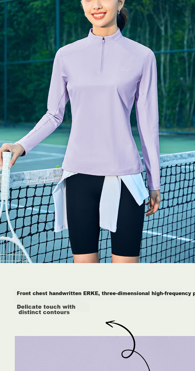 ERKE Women's Long Sleeve T-Shirt 2026 New Half-Placket Stand Collar Tennis Slim Fit Sports Top Versatile Base Layer Running Shirt 4