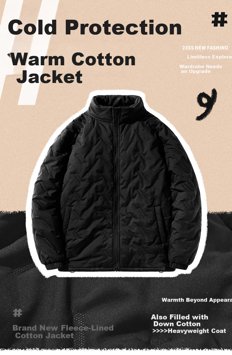Jeanswest Men's Winter Cotton Padded Jacket Fleece Lined Thickened Water-Repellent Windproof Stand Collar Warm Coat 2
