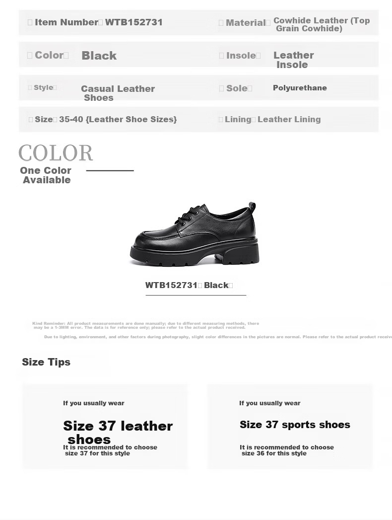 Hongqingting Women's Leather Casual Shoes, Wedge Heel Soft Leather Loafers, Commuter Work Flats, WTB341831, Black, Size 35 7