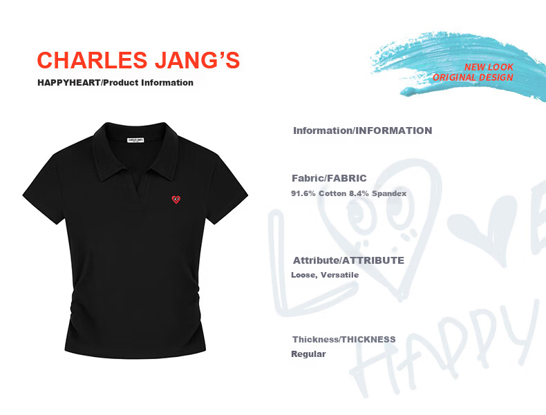 Charles Peach Heart Summer Commuter Style Solid Color Heart Logo Short Sleeve Polo Shirt for Women Simple Slim Fit Light Heather Gray M 2