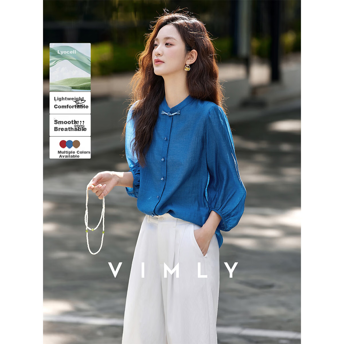 Fansiman New Chinese Style Pleated Round Neck Lyocell Shirt for Women Peacock Blue L