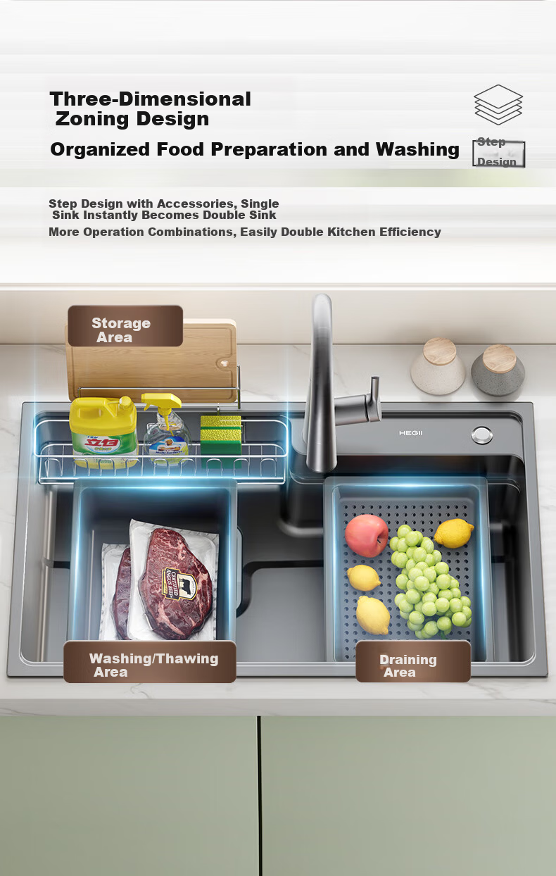 HEGII Single Large Sink Nano Air Cushion 3D Partition Stainless Steel Quick Drainage Kitchen Sink DMB192-078-SN 7