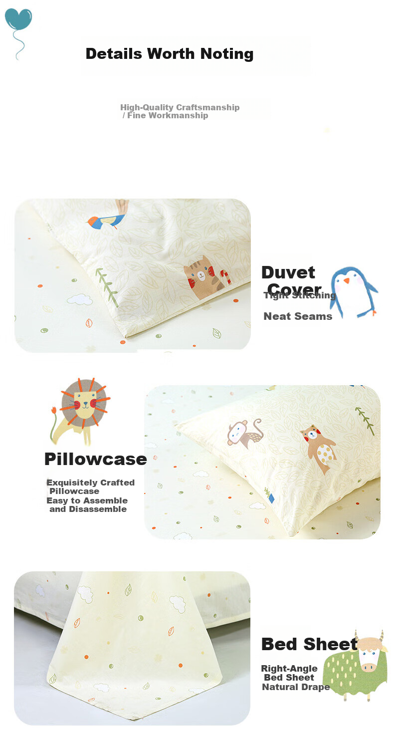 Fuanna Children's Bedding 3-Piece Set 100% Cotton Infant A-Class Cotton Sheet and Duvet Cover for 1.2m Bed Dormitory 6