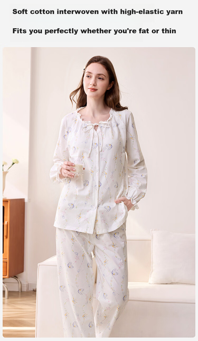 YEEHOO 26th Anniversary New Maternity Postpartum Pure Cotton Nursing Pajamas 10A Antibacterial with Built-in Chest Pads Ocean Pearl XL 11