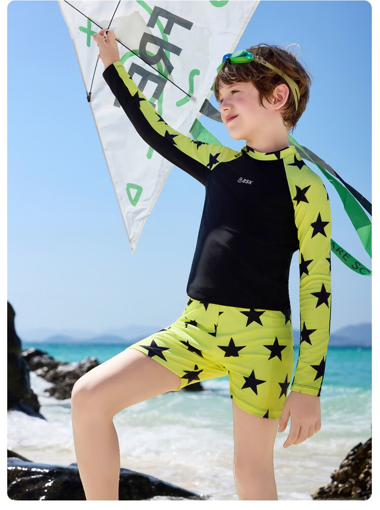ASK JUNIOR 【Sun Protection and Chlorine Resistant】Children's Long Sleeve Swimsuit with Swim Cap, Two-Piece Boys' Training Set with Separate Shorts for Older Kids 10