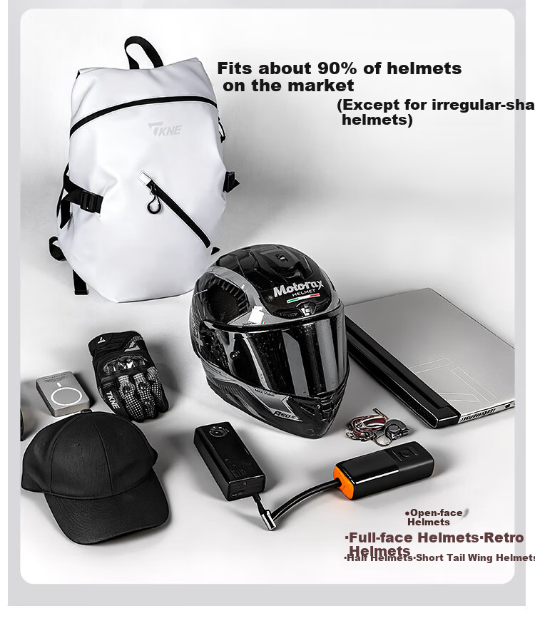 TKNE Helmet Bag Motorcycle Riding Backpack Large Capacity Rider Bag Gray and White [Fits 90% Helmets] 5