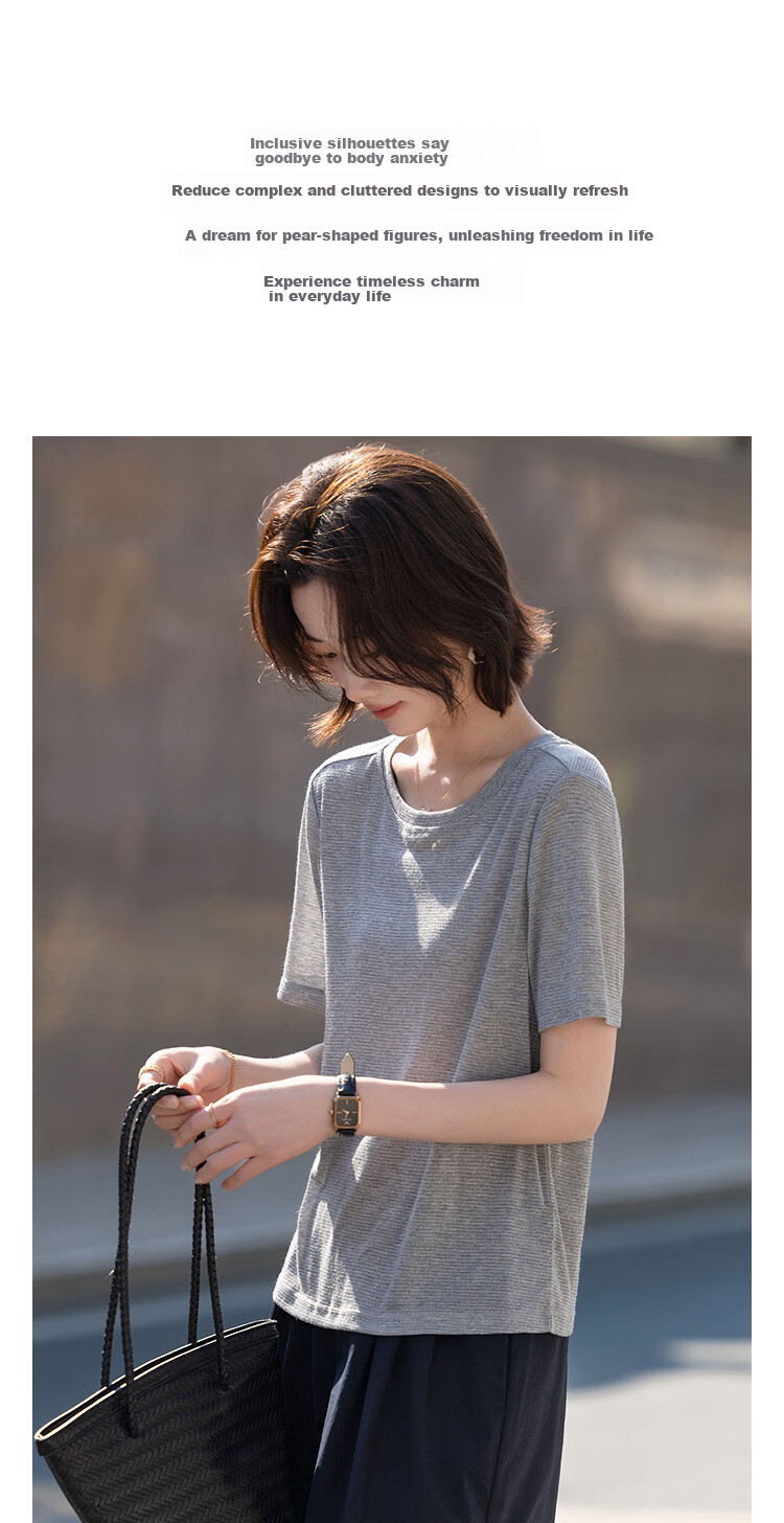 Demana [Mulberry Silk and Vinegar Fiber Blend] Summer Simple Style Round Neck Shiny Stripe Slim Fit Short Sleeve T-Shirt for Women Premium Feel 3