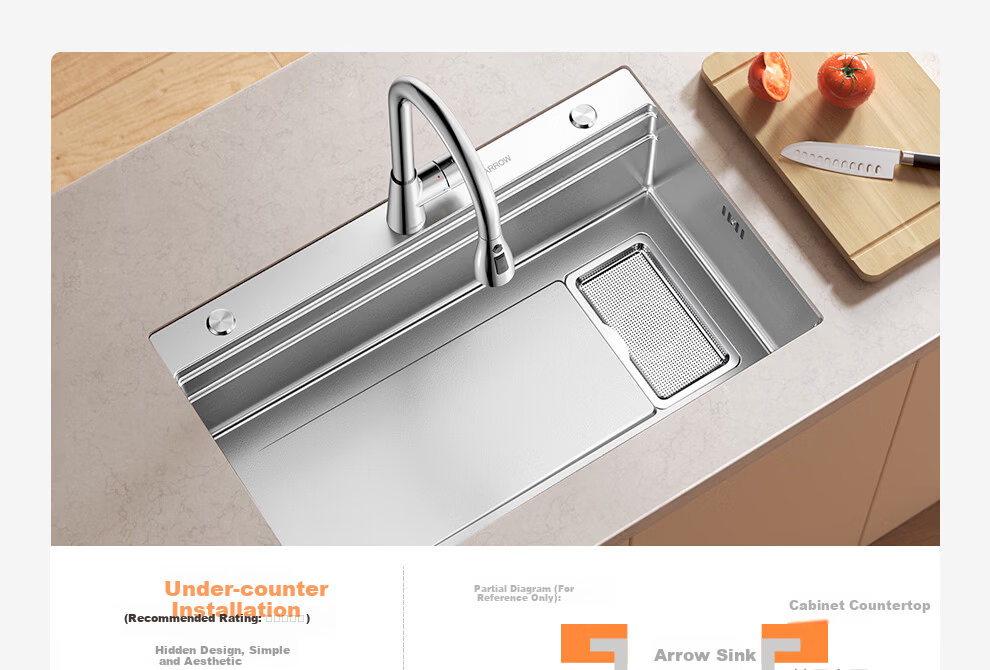 Arrow Brand Baibao Basin Large Single Sink 4MM Thickened Kitchen Vegetable Washing Basin Household 304 Stainless Steel Double Rail Debris Collection Sink 45