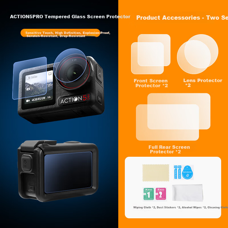 Zhuoer DJI Action 5 Pro Camera Screen Tempered Glass Lens Protector 3-Piece Set Sports Camera Screen Protective Film Accessories