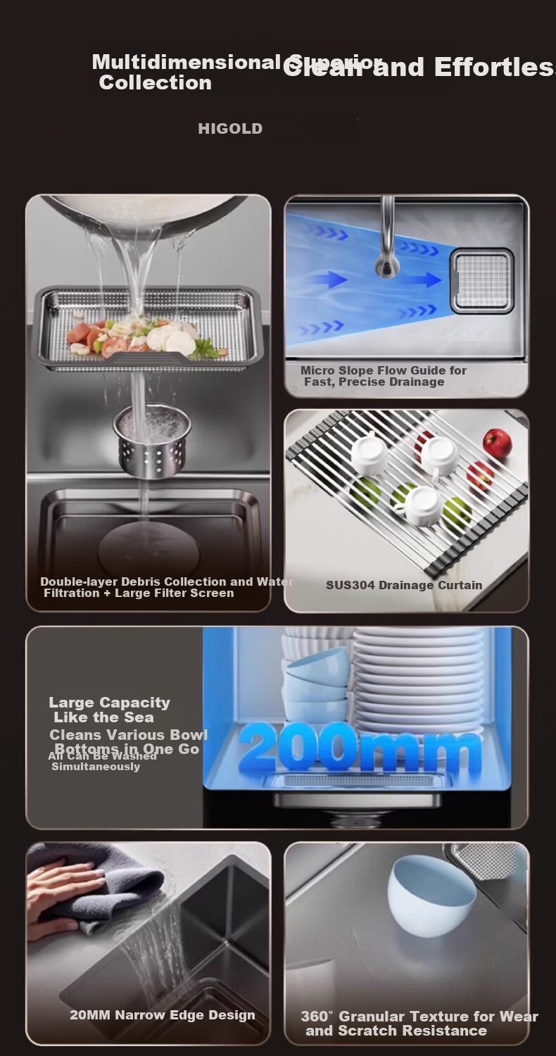 HIGOLD Kitchen Sink HM Series Large Single Bowl 304 Stainless Steel Integrated Vegetable Washing Basin 3