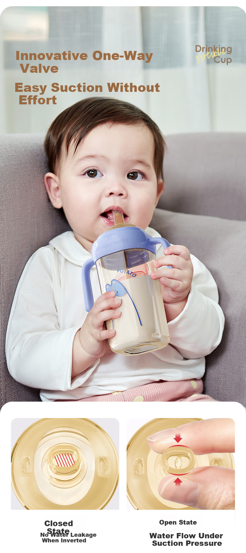 Potato Baby Bottle PP Children's Straw Water Cup with Gravity Ball Spout 9+ Months 300ml Lake Blue 3