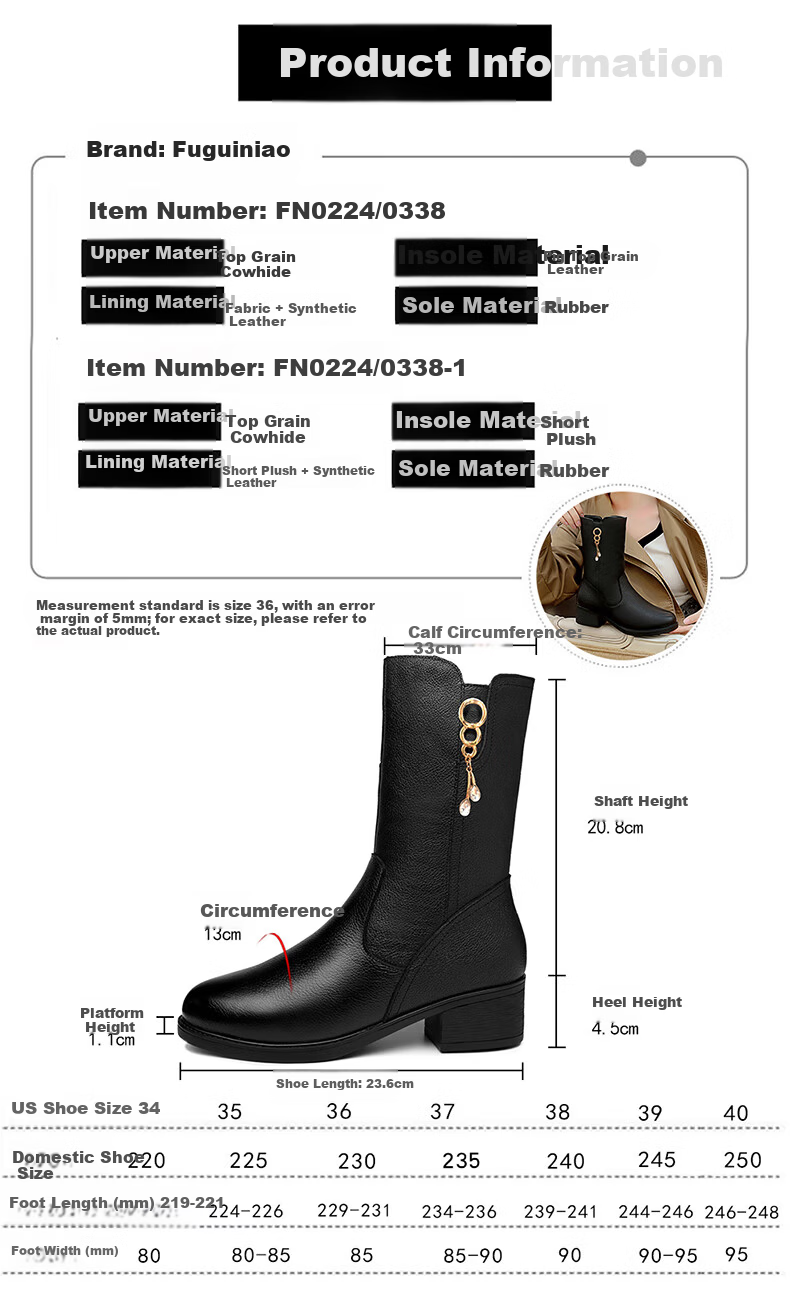 FUGUINIAO Genuine Leather Cowhide Women's Ankle Boots Autumn Winter Fleece Lined Warm Round Toe Chunky Heel Mid-Calf Boots Black Short Fleece Size 39 2