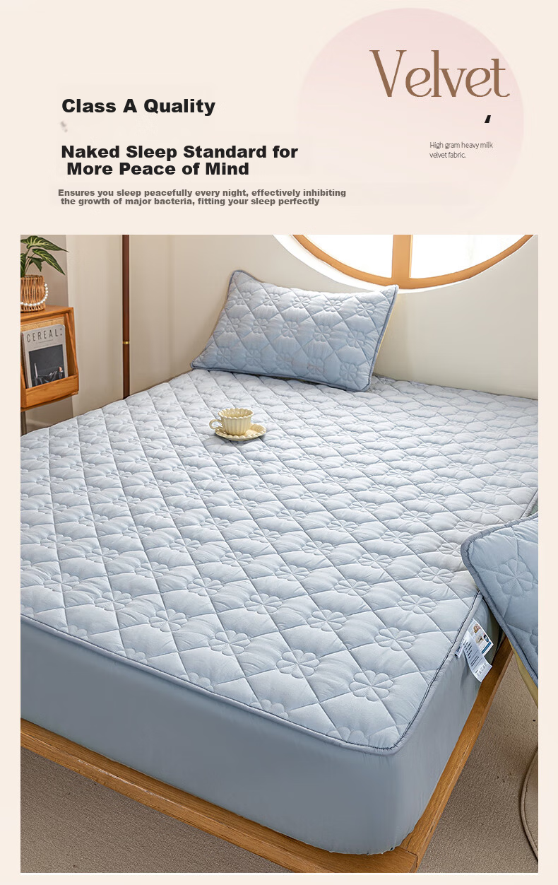 MUJI Class A Quilted Cotton Fitted Sheet Single Piece 1.8x2m Blue Full Coverage Mattress Protector 4