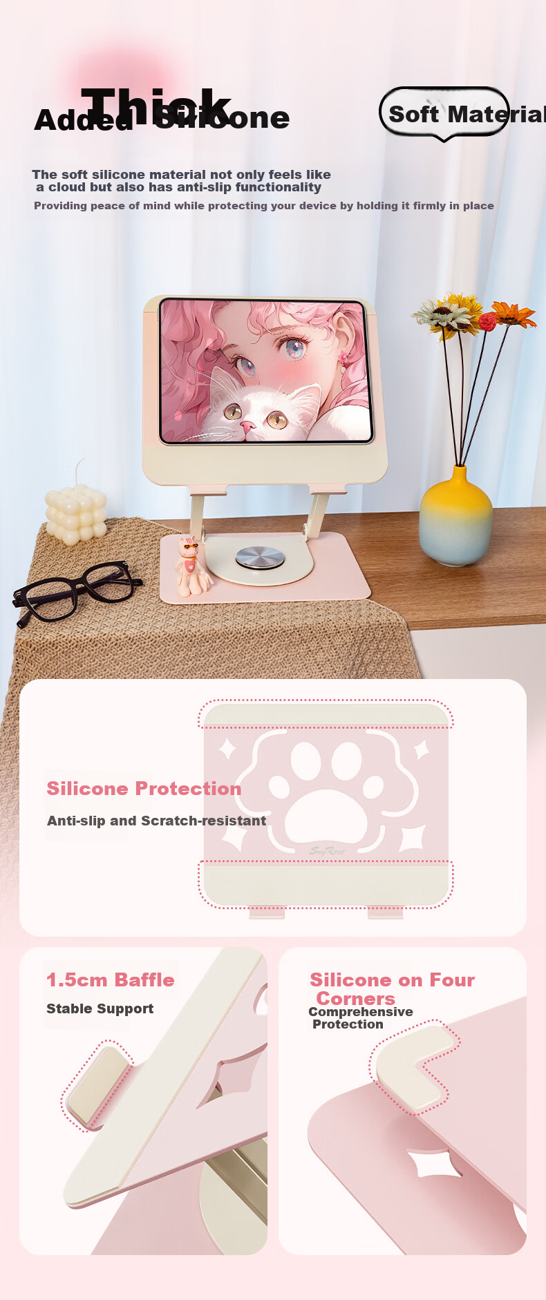 SayRose Gift Notebook Stand Laptop Stand Flexible Cute Cat Paw Adjustable Hover Stand 360° Rotating Cooler Riser Cat Paw Stand Birthday Gift 12