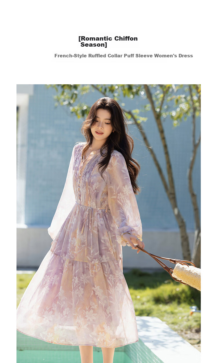 Demana Romantic Chiffon Season Spring French Ruffle Collar Puff Sleeve A-Line Flared Petite Women's Dress 1
