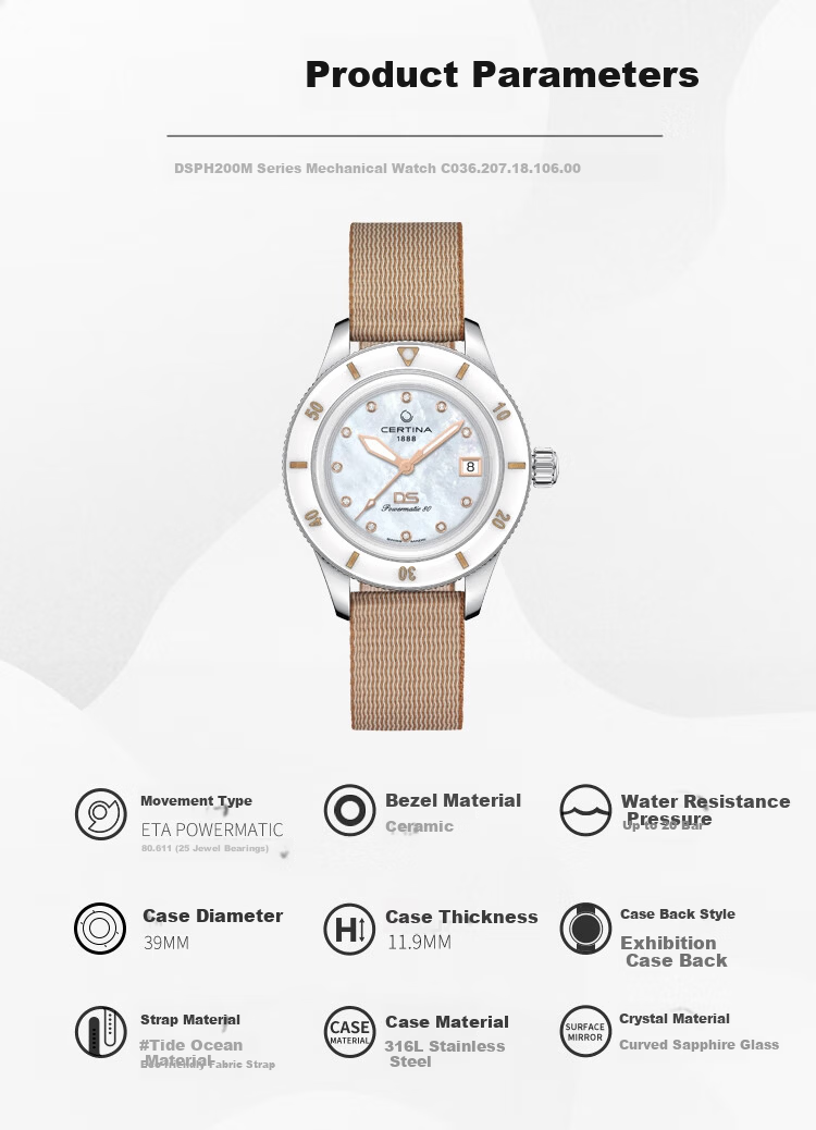 Certina DS PH200M Series Ceramic Mother-of-Pearl Dial Mechanical Women's Watch 12