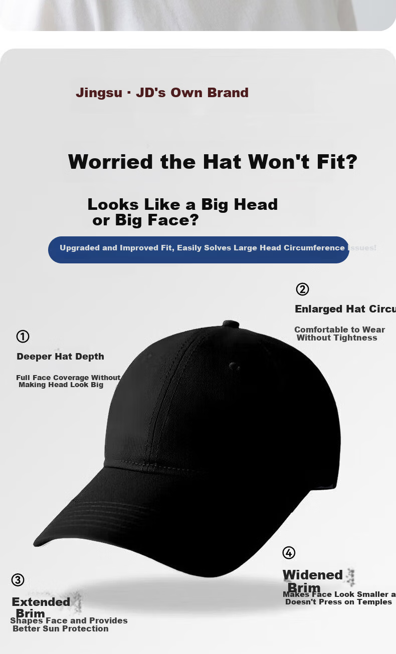 Jingsu [JD Own Brand] Men's Black Baseball Cap Large Head Circumference Slim Face Four Seasons Korean Style Duckbill Cap 2