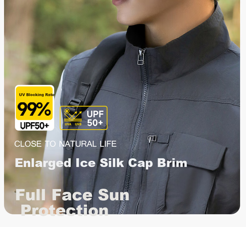 Romon Men's Sun Protection Hat Large Brim Ice Silk Open Top Sunshade Hat Summer Outdoor UV Protection Face Covering Slim Face Sun Hat 1
