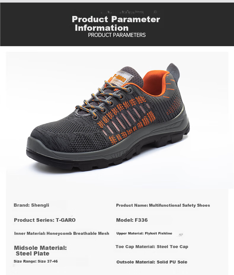 SHENGLI Work Safety Shoes Anti-Smash Anti-Puncture Anti-Static Breathable Odor-Resistant Flyknit Steel Toe Safety Shoes F336 Size 45 10