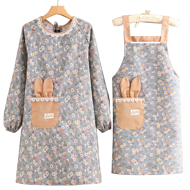 Dipuer Two-Piece Princess Sleeve Apron Set, Kitchen Cooking Oil-Proof Long-Sleeve Waist Apron, Cotton Smock for Adults