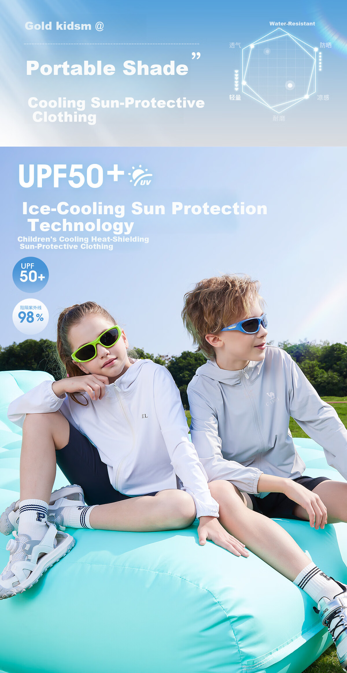CAMEL [Mianmianbing] Children's Sun Protection Clothing, Summer Ice-Cool Breathable Lightweight Jacket, Skin Coat for Older Children, UV Protectio 1