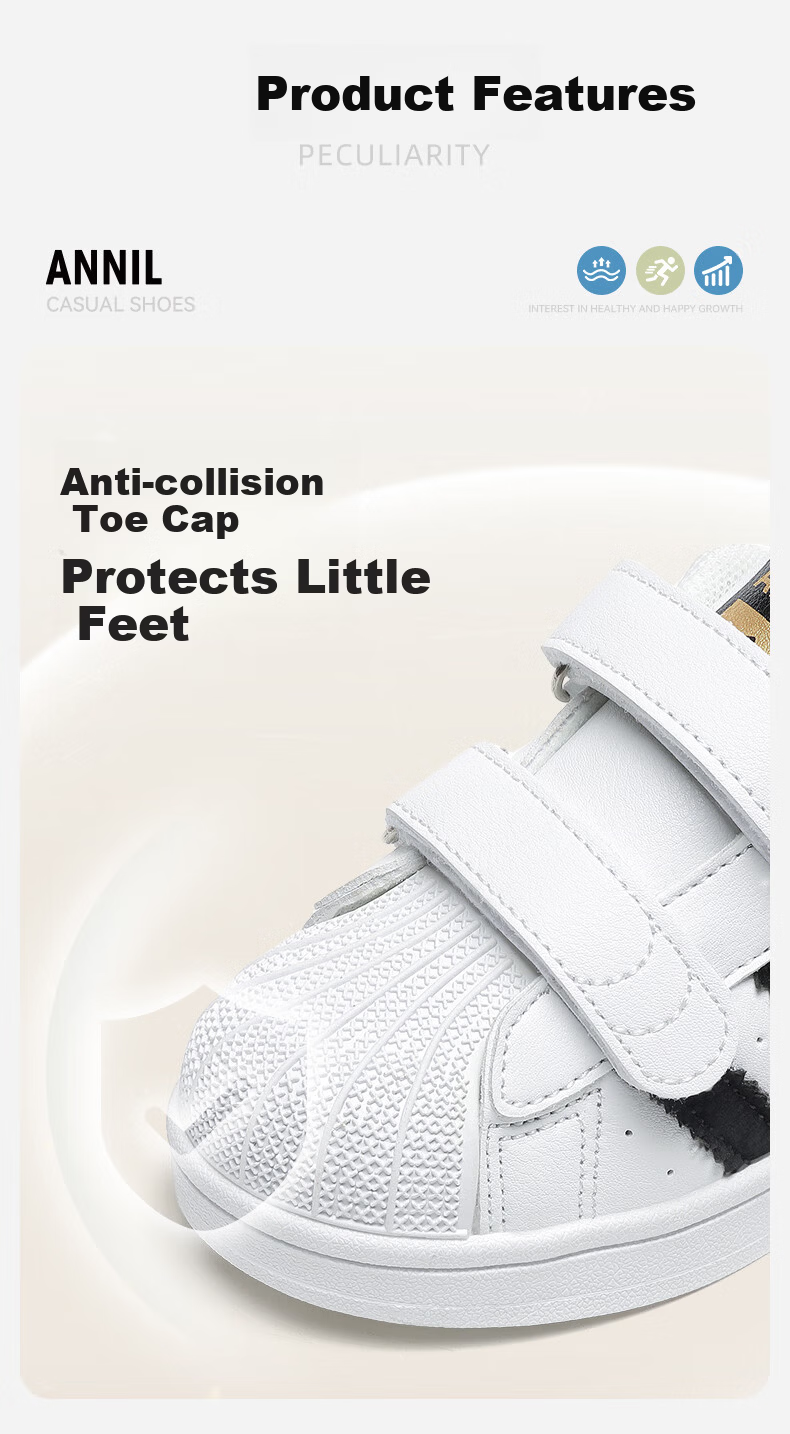 ANNIL Kids Comfortable White Shoes 2026 Summer Student Shell Toe Sports Sneakers Velcro Skate Shoes 3