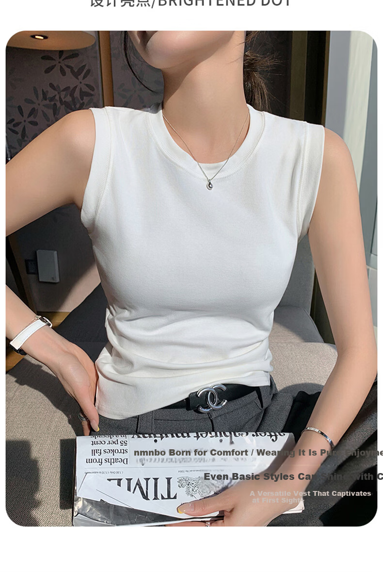 Langsha White Vest Tank Top for Women Spring Summer New Sleeveless Round Neck Camisole with Side Coverage 4