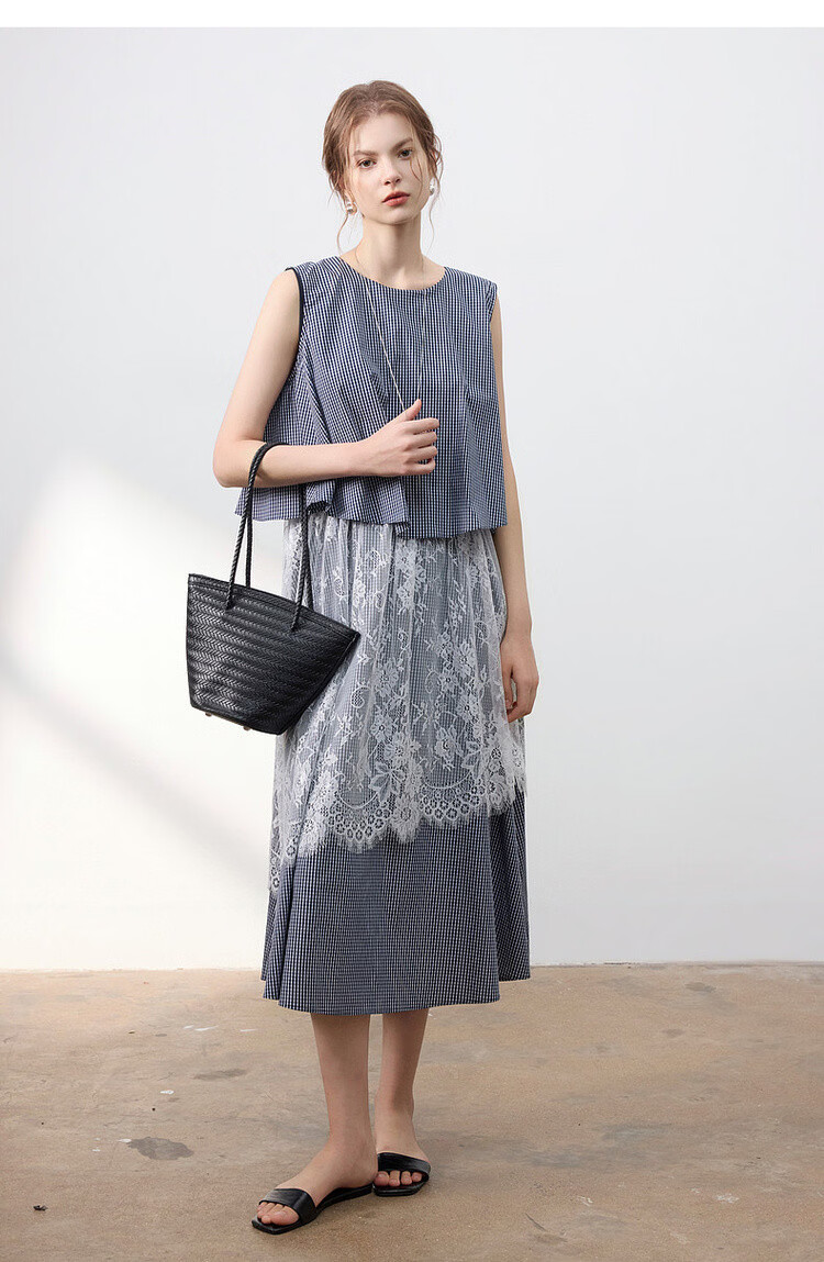 Demana [Cloud Oxygen Cotton Series] Summer Retro Plaid Lace Splice Sleeveless Flared Slim Fit Designer Women's Dress 17